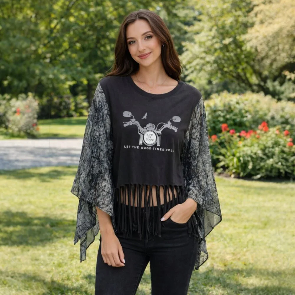 Upcycled T Shirt Poncho Handknotted Beaded Fringe M Life is Good Black